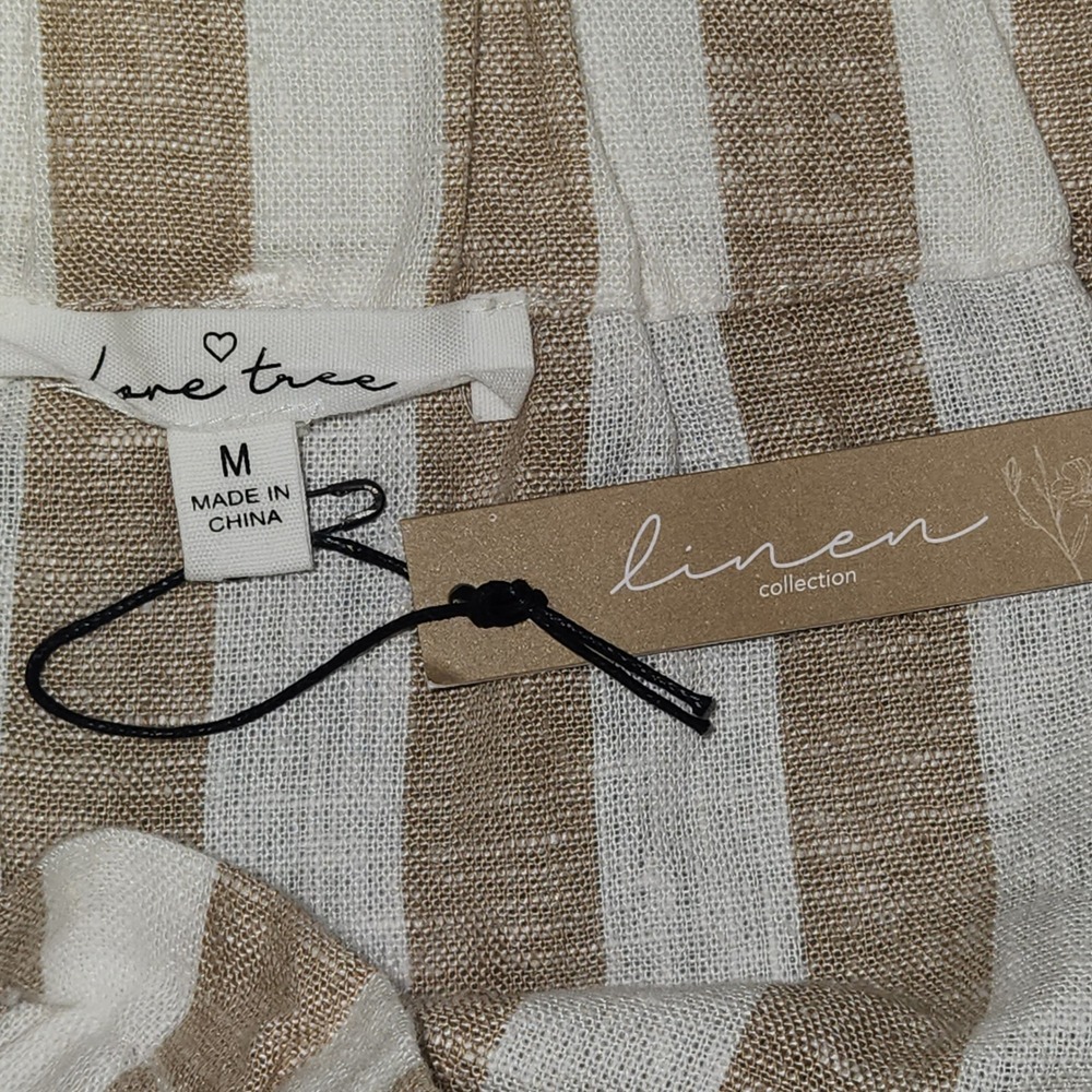 Love Tree Linen Blend Striped Midi Skirt Tan White Paperbag Waist Button Front M - Picture 4 of 8